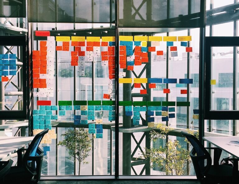 Post-it notes on a glass wall